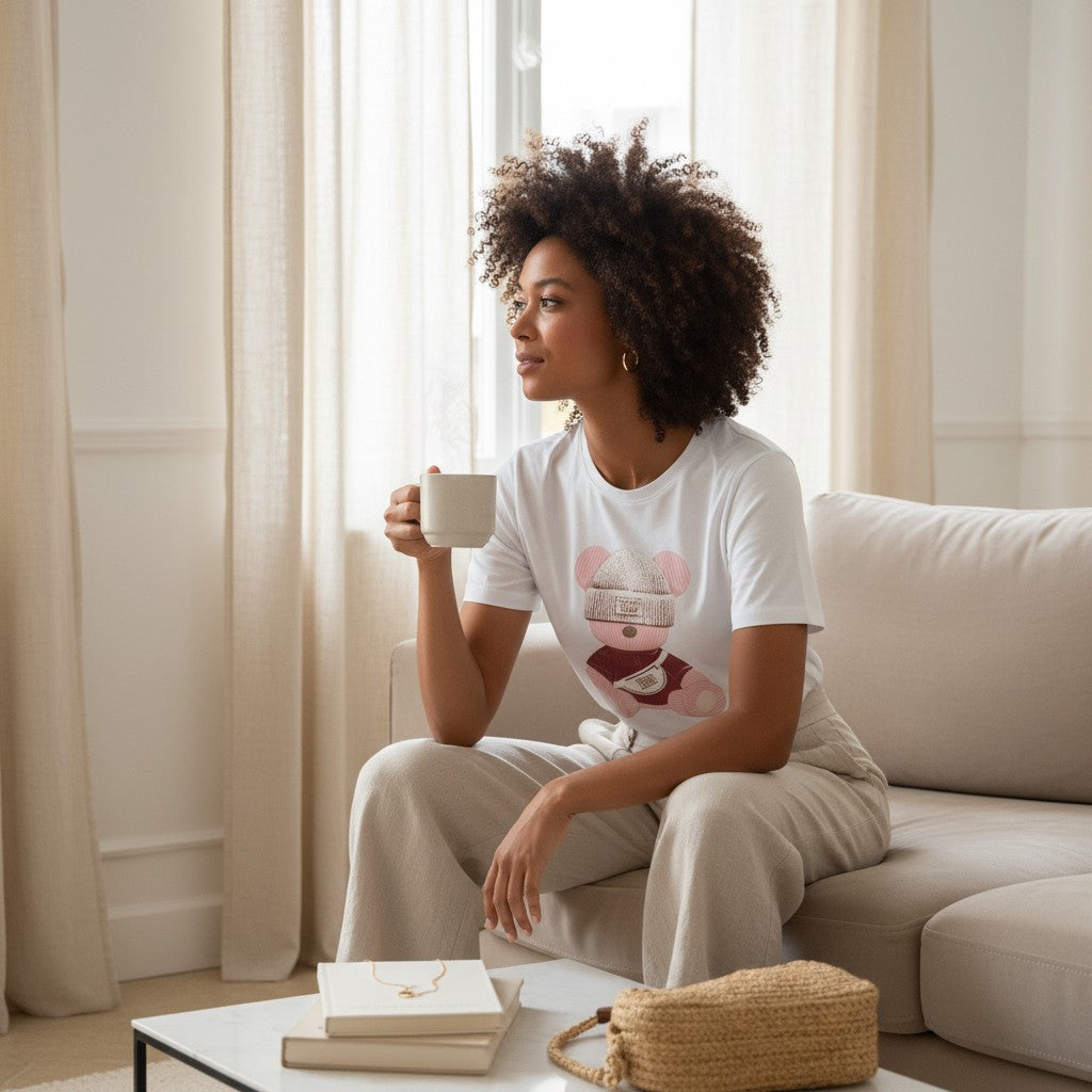 GRINE white cotton t-shirt with a graphic of a teddy bear wearing a beanie and a fanny pack.
