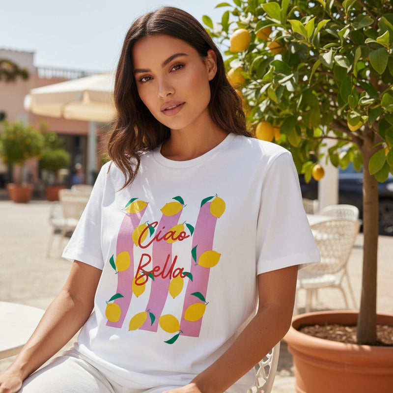 GRINE white cotton t-shirt with a pink striped graphic featuring yellow lemons and the text "Ciao Bella".