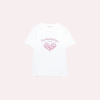 GRINE white cotton t-shirt with short sleeves, round neck, and a pink heart graphic with the word "Sophistication" and "Elegance".