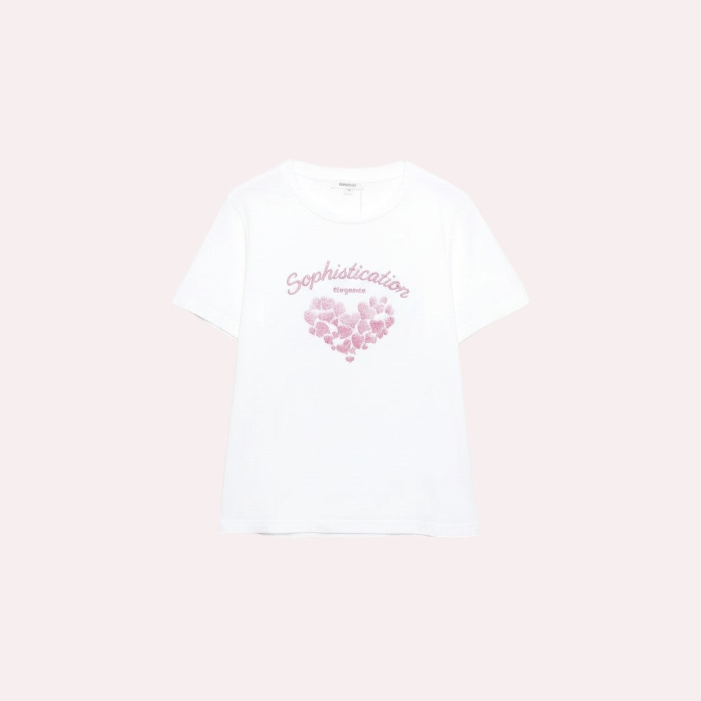 GRINE white cotton t-shirt with short sleeves, round neck, and a pink heart graphic with the word "Sophistication" and "Elegance".