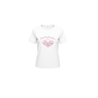 GRINE white cotton t-shirt with pink heart graphic and "Sophistication Elegance" text, round neck, short sleeves.