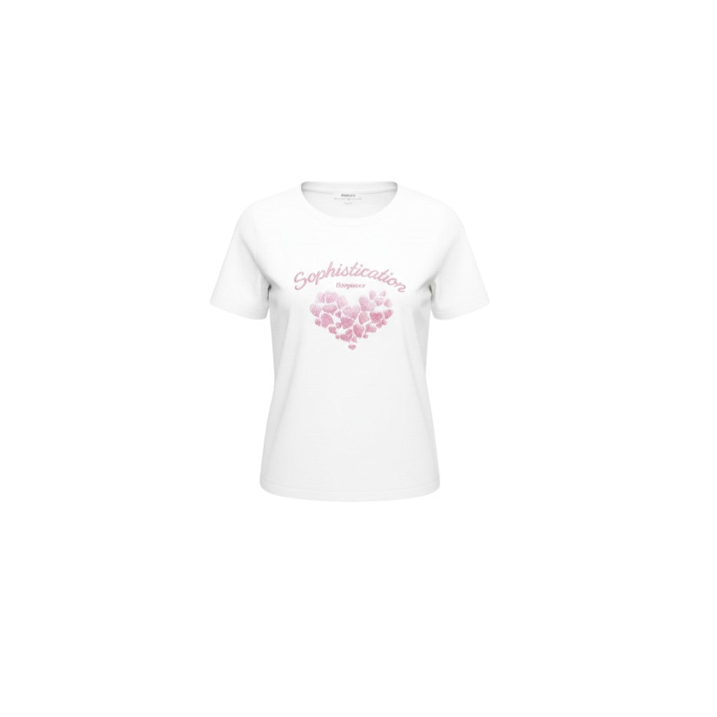 GRINE white cotton t-shirt with pink heart graphic and "Sophistication Elegance" text, round neck, short sleeves.