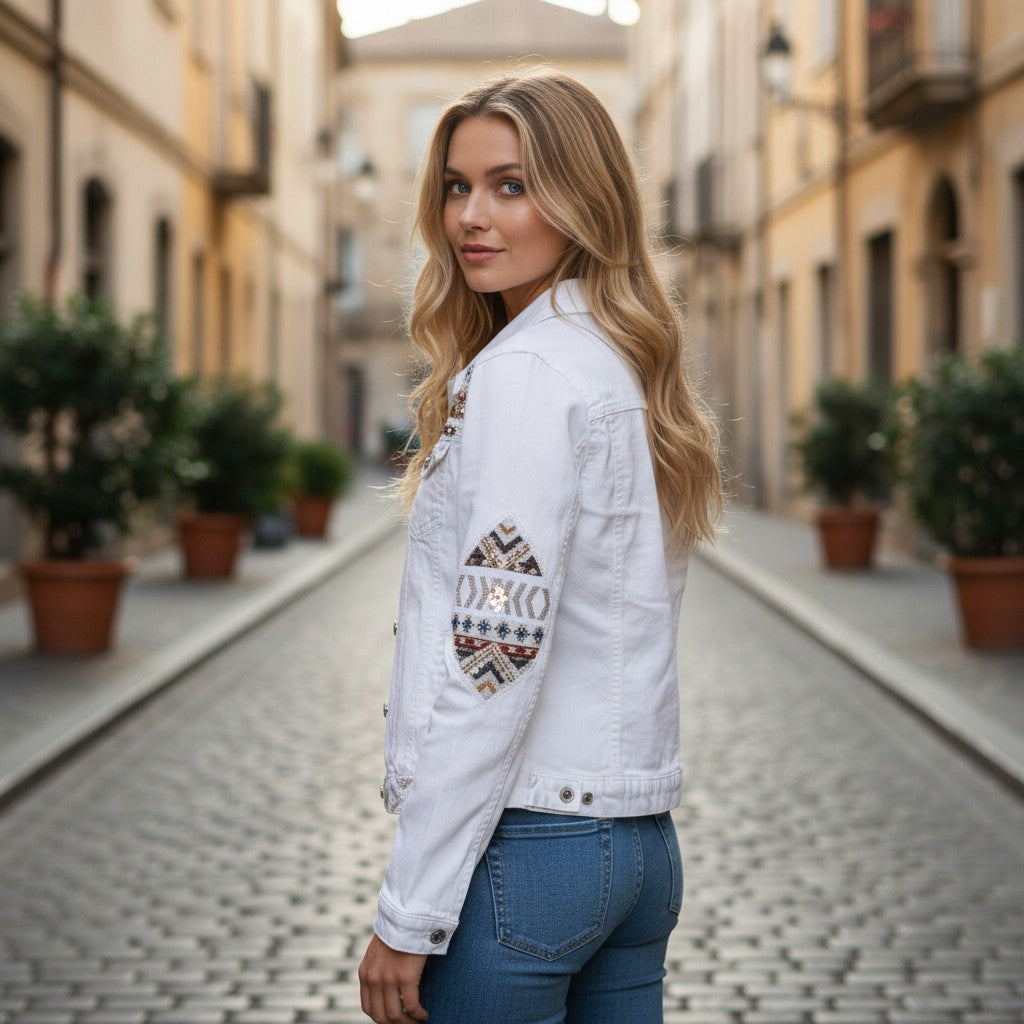 GRINE white denim jacket with sequin and embroidered details, perfect for spring/summer.