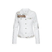 GRINE white cotton denim jacket with sequin and embroidered details on shoulders and elbows.