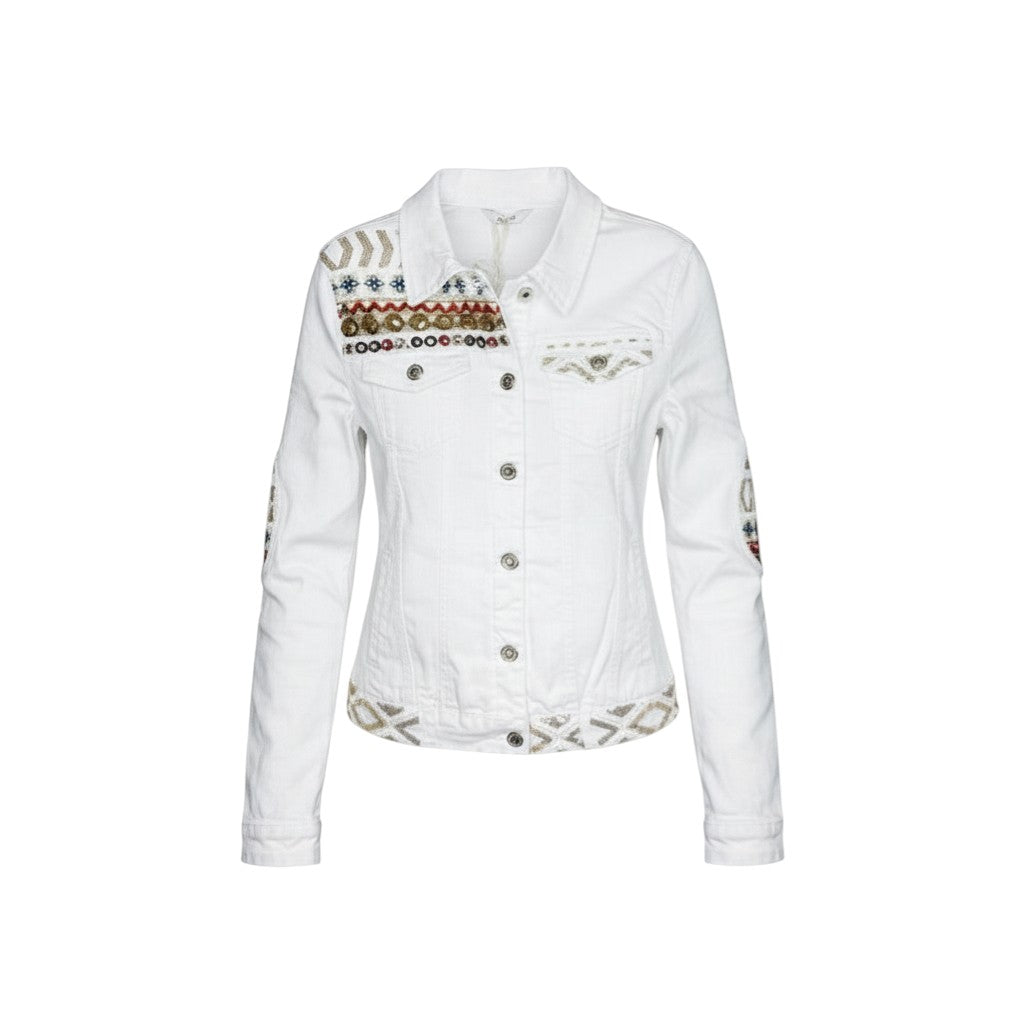 GRINE white cotton denim jacket with sequin and embroidered details on shoulders and elbows.