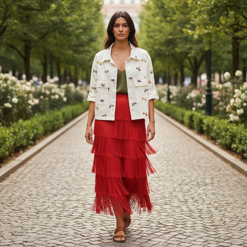 GRINE white cotton denim jacket with embroidered dogs, button front, and chest pockets.