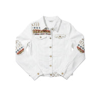 GRINE white cotton denim jacket with sequin and embroidered details on shoulders and elbows, perfect for spring/summer.
