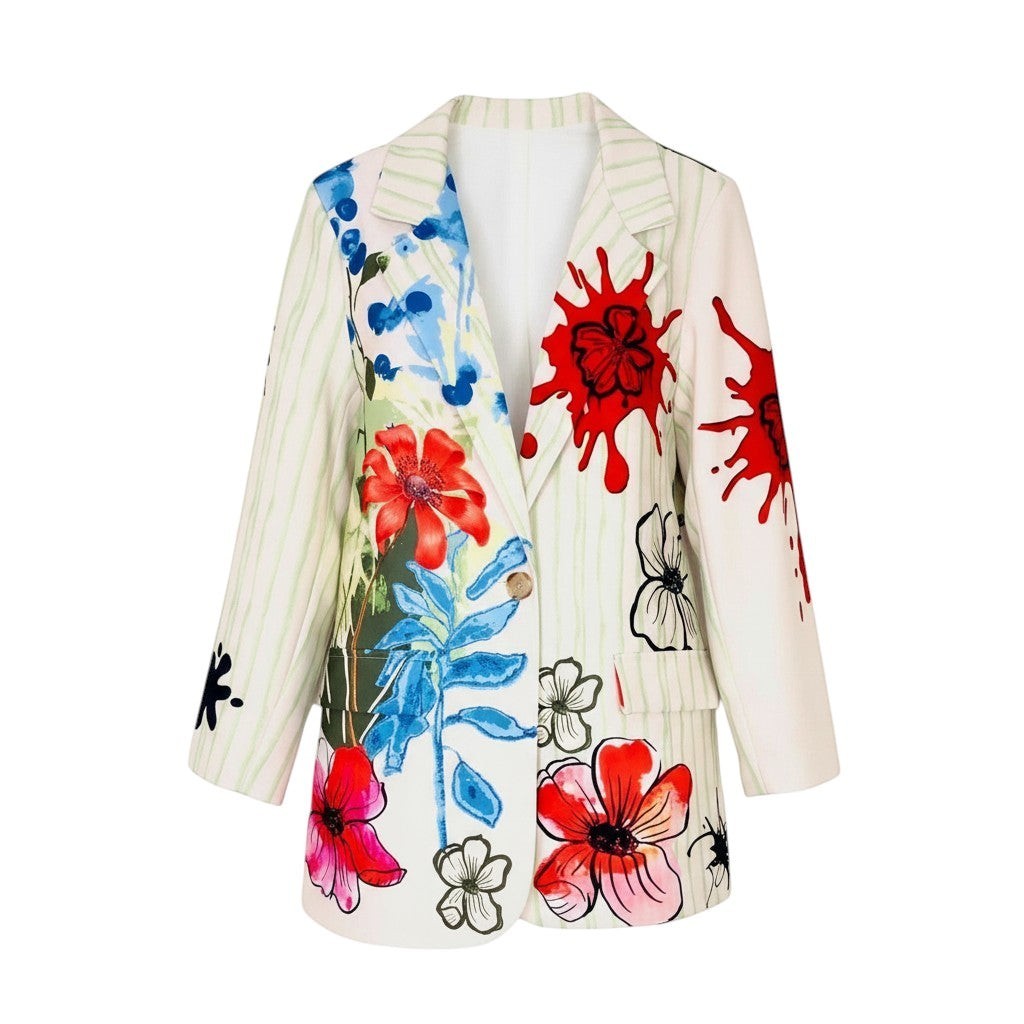 GRINE white/cream long blazer with a vibrant floral print and green pinstripes. Features red paint splatters and abstract flower designs.