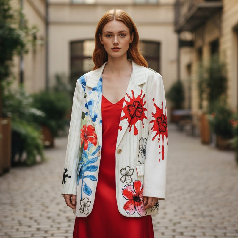 GRINE white and cream long blazer with a vibrant floral print and green pinstripes.