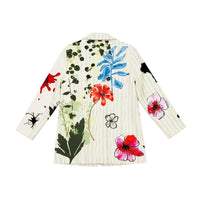 GRINE long white blazer with a vibrant floral print, featuring red, pink, and blue flowers and green stripes.