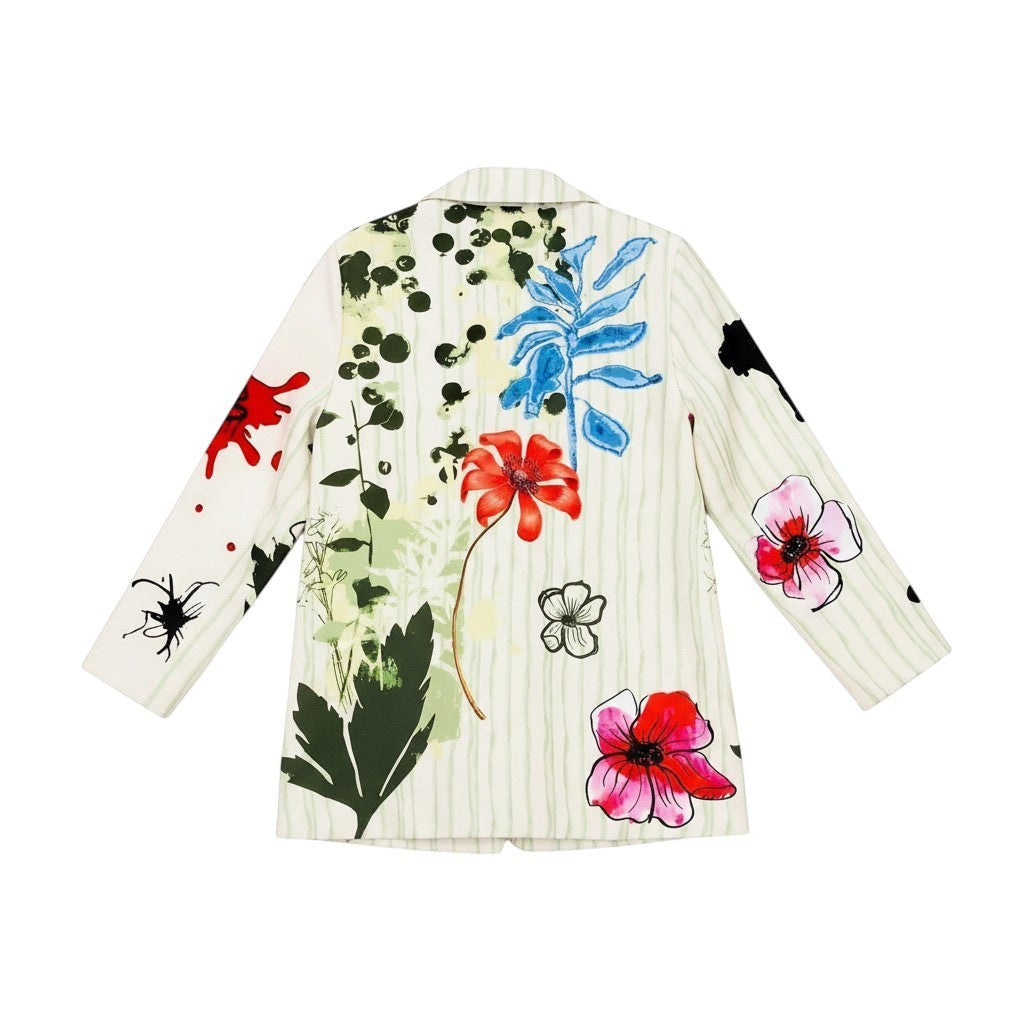 GRINE long white blazer with a vibrant floral print, featuring red, pink, and blue flowers and green stripes.