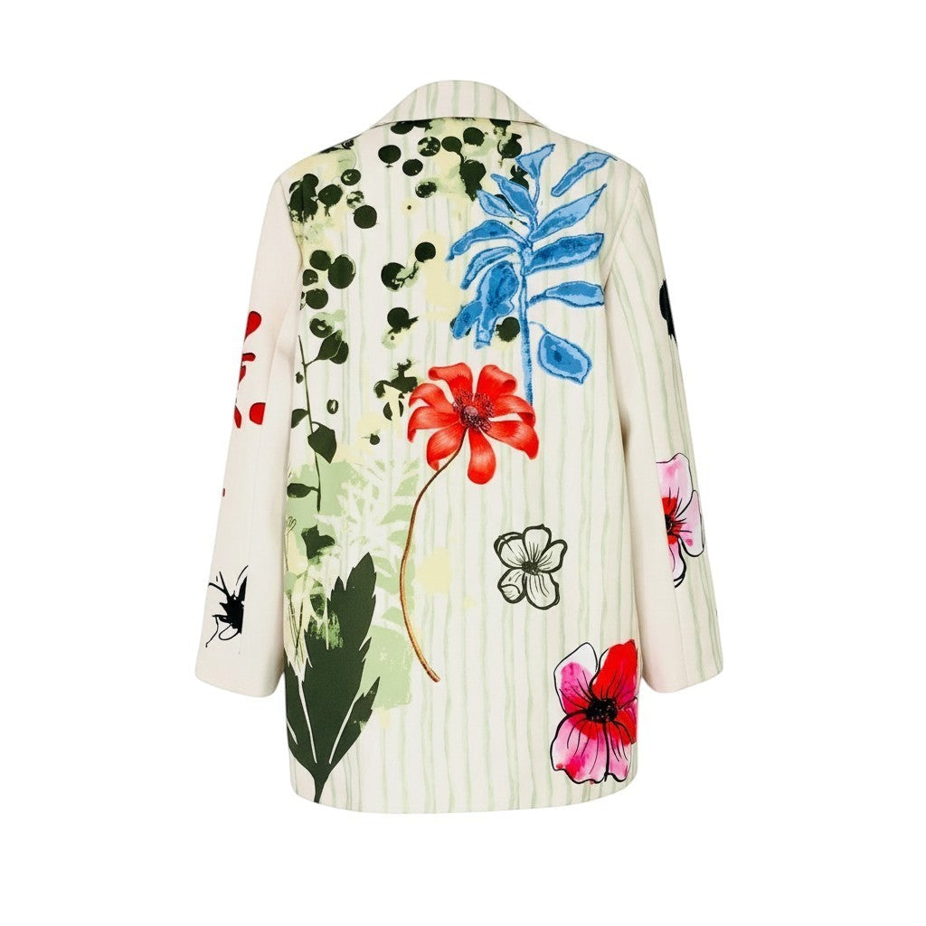 GRINE white/cream long blazer with a vibrant floral print and vertical stripes. Features colourful flowers and abstract green foliage.