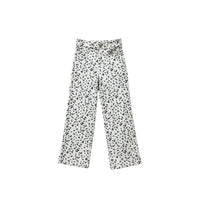 GRINE white jeans with a scattered floral print in black and gold. Features an elasticated waistband and straight leg.