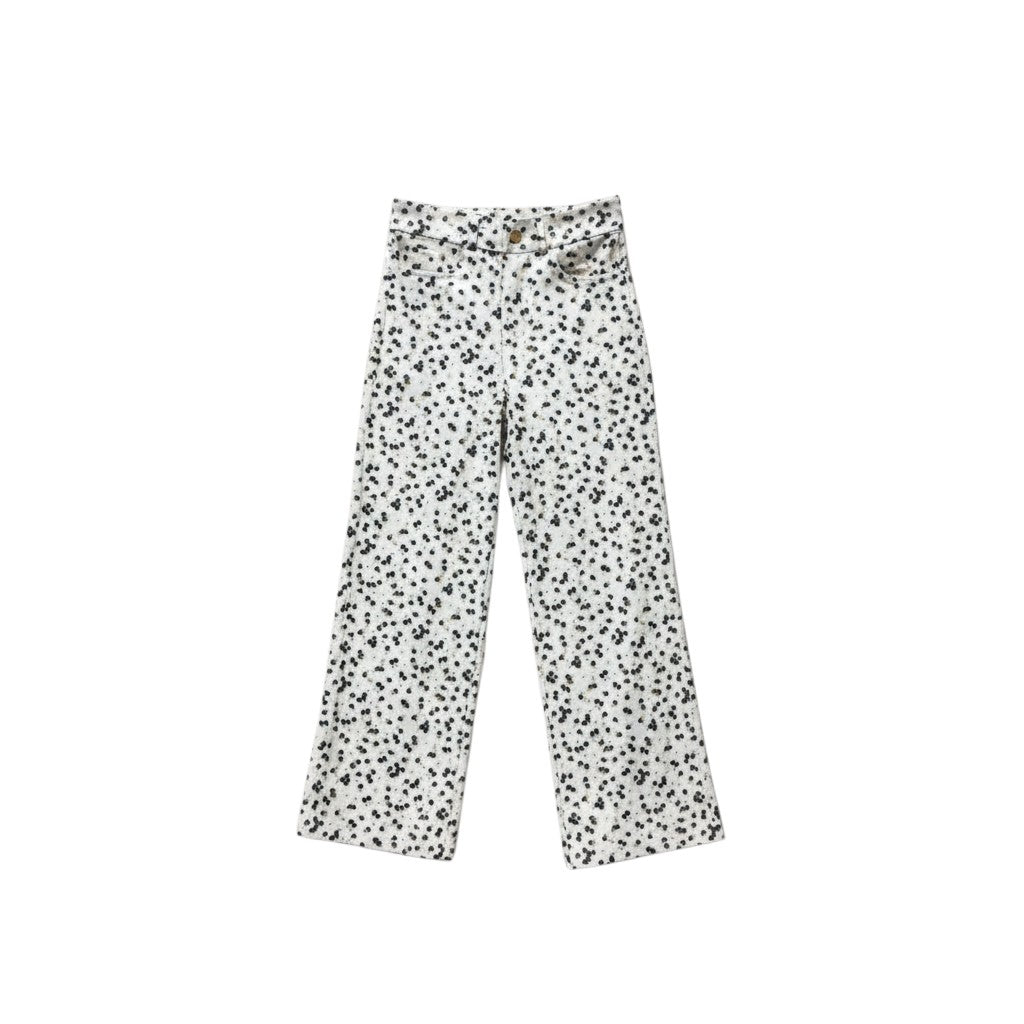 GRINE white jeans with a scattered floral print in black and gold. Features an elasticated waistband and straight leg.