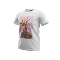 GRINE white cotton t-shirt with short sleeves, round neck, and a graphic print of a giraffe with hearts and floral details.