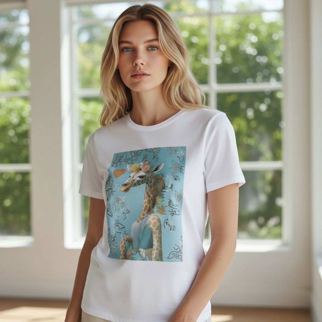 GRINE white cotton t-shirt with short sleeves, round neck, and a graphic print of a giraffe adorned with flowers and a golden heart.