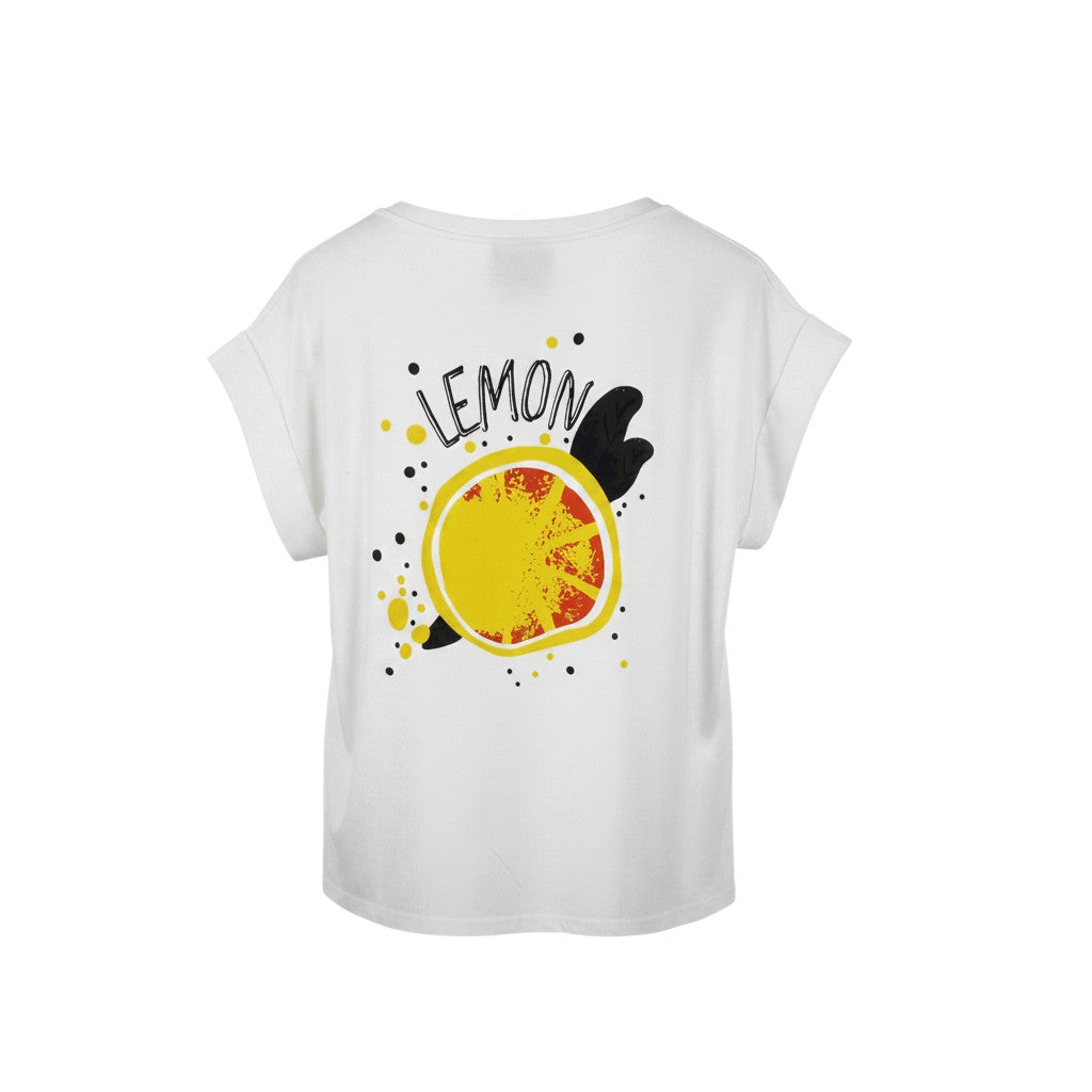 GRINE white cotton-elastane t-shirt with a round neck and a graphic print of a lemon with the word LEMON on the back.