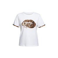 GRINE white cotton t-shirt with leopard print lips graphic and sequin detail. Short sleeves with leopard print trim.