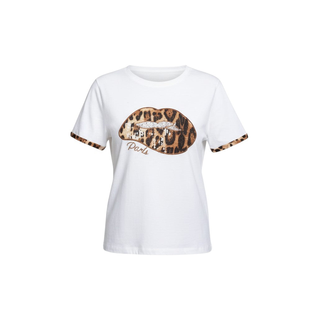 GRINE white cotton t-shirt with leopard print lips graphic and sequin detail. Short sleeves with leopard print trim.