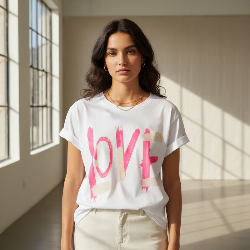GRINE white cotton t-shirt with pink and beige "LOVE" graphic print, short sleeves, and a straight cut.
