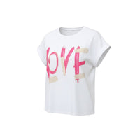 GRINE white cotton t-shirt with pink and beige 'LOVE' graphic print, short sleeves, relaxed fit.