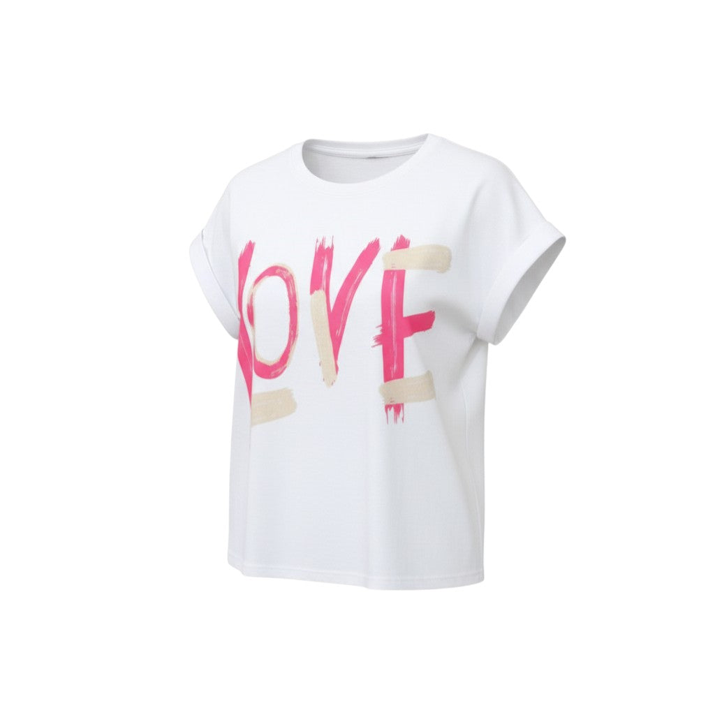 GRINE white cotton t-shirt with pink and beige 'LOVE' graphic print, short sleeves, relaxed fit.