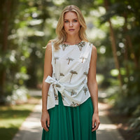 GRINE white 100% cotton sleeveless top with embroidered palm trees and a side tie detail. Perfect for summer.