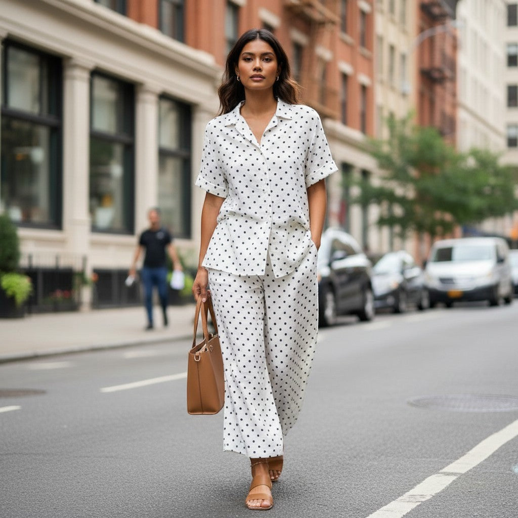 GRINE white pearl cotton shirt with black polka dots, short sleeves, button front, side slits, and longer back. Matches polka dot trousers.