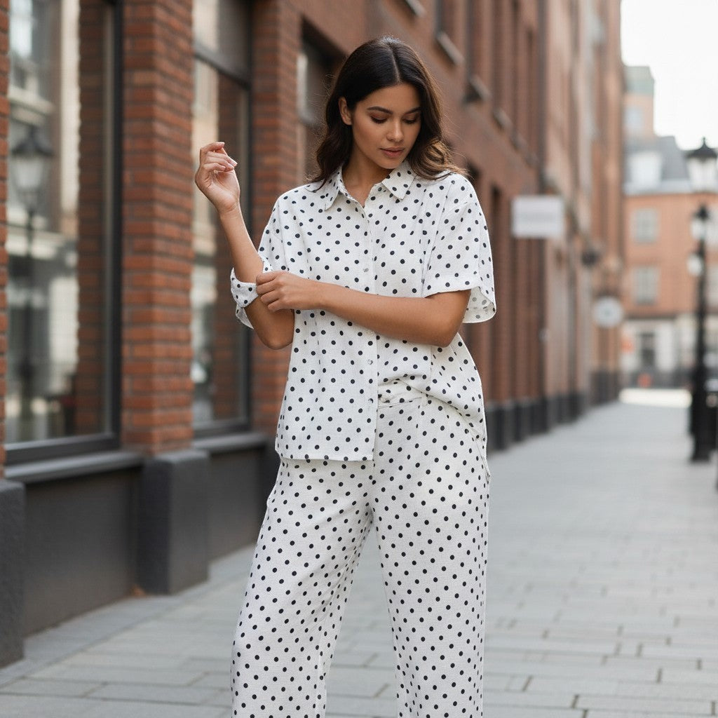 GRINE pearl white cotton shirt with black polka dots, short sleeves, button front, side slits, and longer back. Matches polka dot trousers.