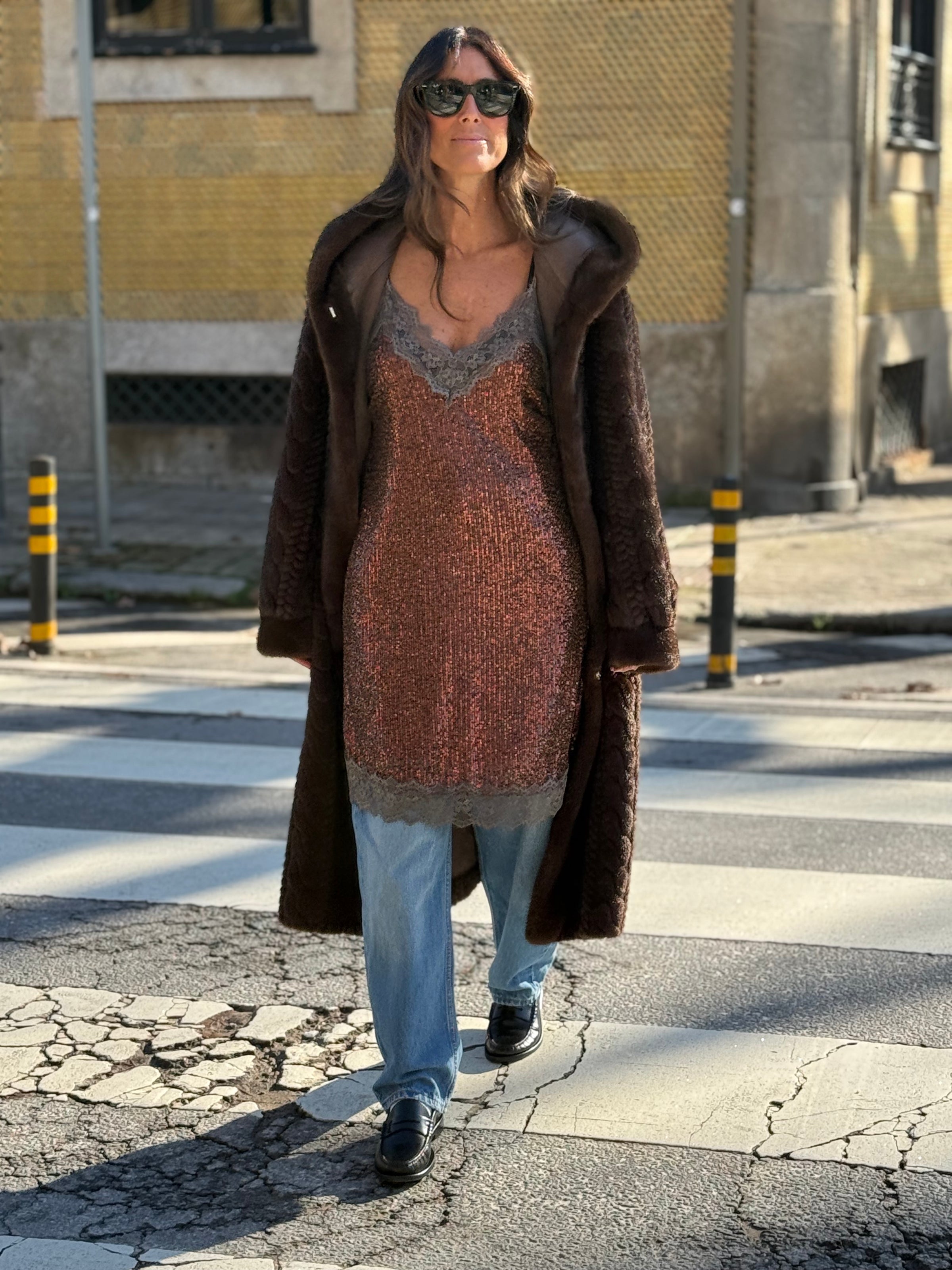 Casaco comprido de Pêlo Castanho | Astrid