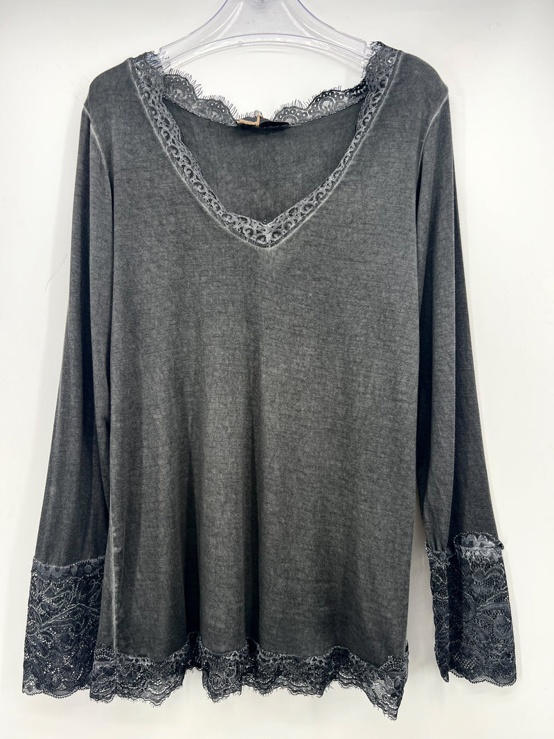 Blusa Malha Fina e Renda (Cinzento) | Graziela