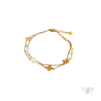 Pulseira corrente dupla com pérolas e trevos de Aço Inoxidável - Grine Store | Bijuterias