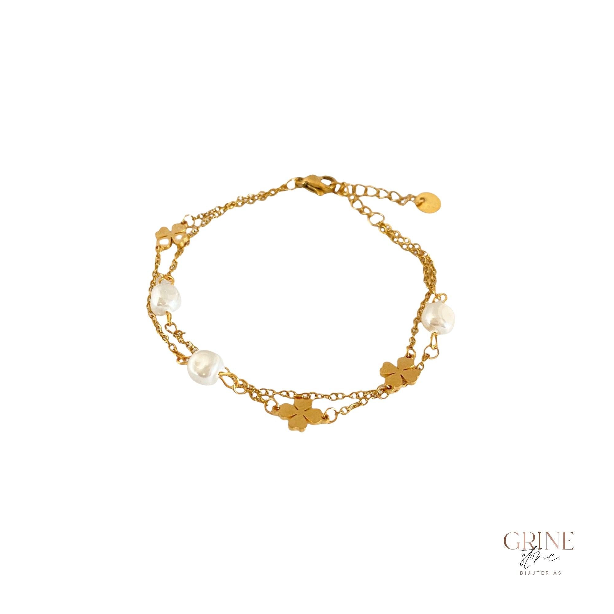 Pulseira corrente dupla com pérolas e trevos de Aço Inoxidável - Grine Store | Bijuterias