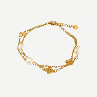 Pulseira corrente dupla com pérolas e trevos de Aço Inoxidável - Grine Store | Bijuterias