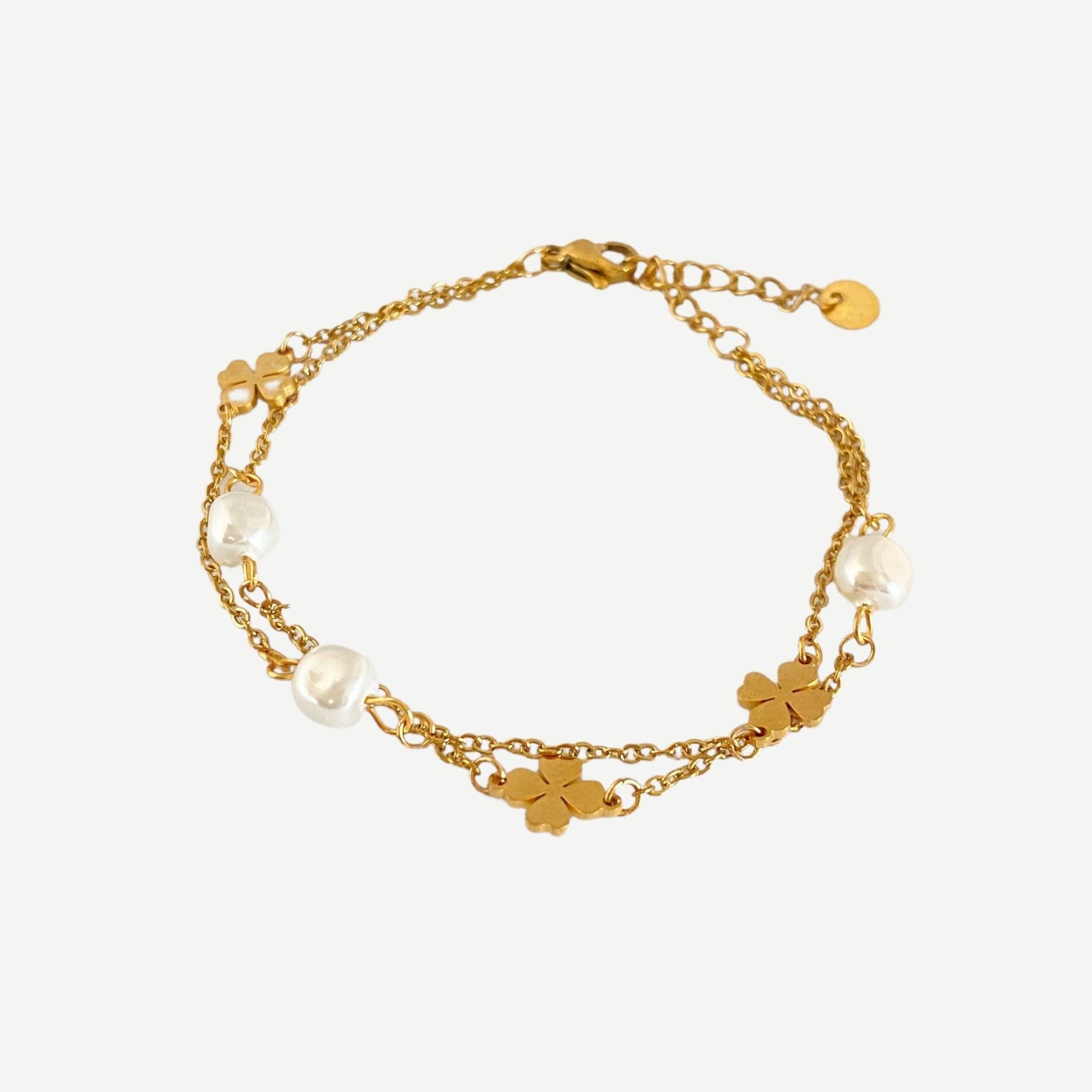 Pulseira corrente dupla com pérolas e trevos de Aço Inoxidável - Grine Store | Bijuterias