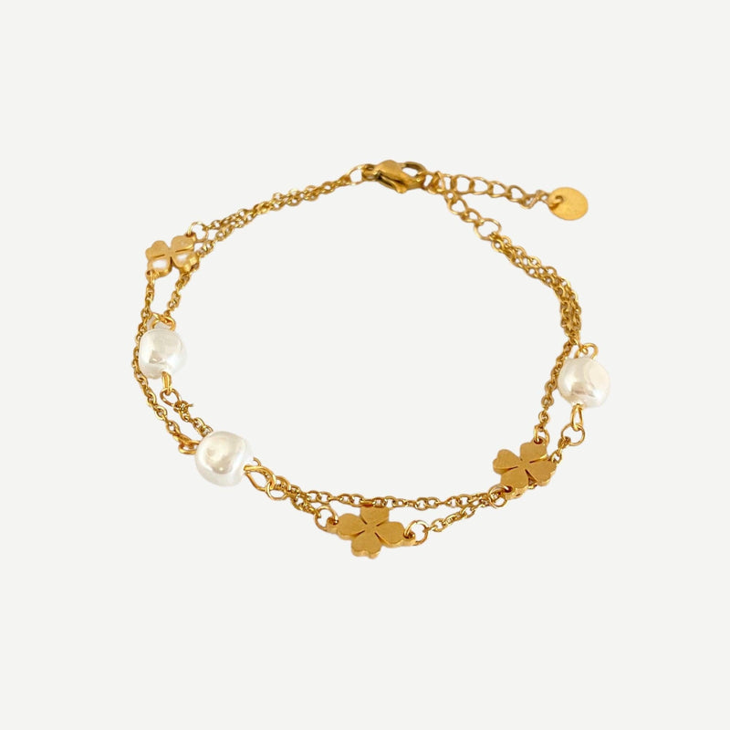 Pulseira corrente dupla com pérolas e trevos de Aço Inoxidável - Grine Store | Bijuterias